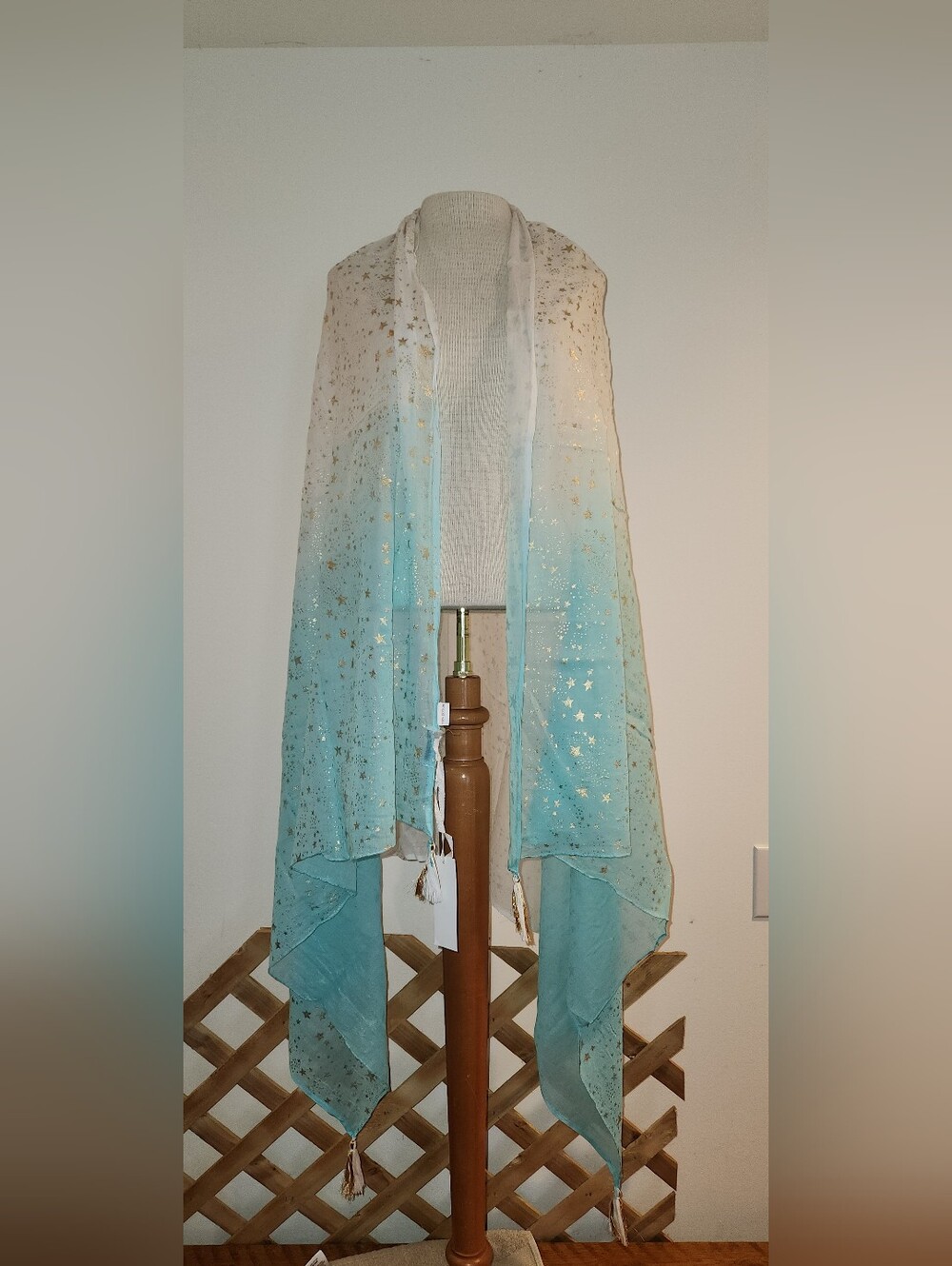 White Waves Sheer Ombre Star Scarf - Aqua to White with Gold Stars